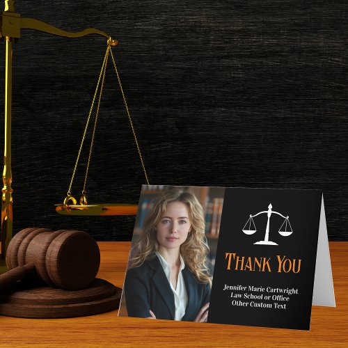 Black Orange Law School Graduation Photo Lawyer Thank You Card