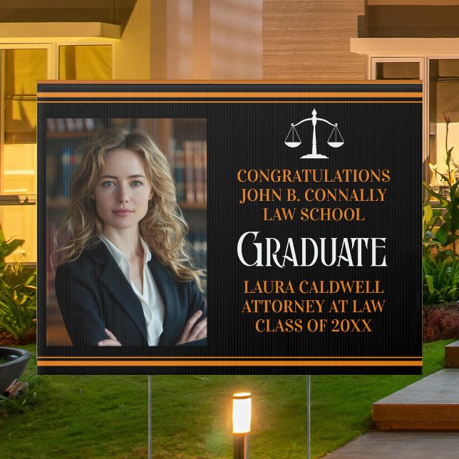 Black Orange Law School Graduation Photo Yard Sign (Creator Uploaded)