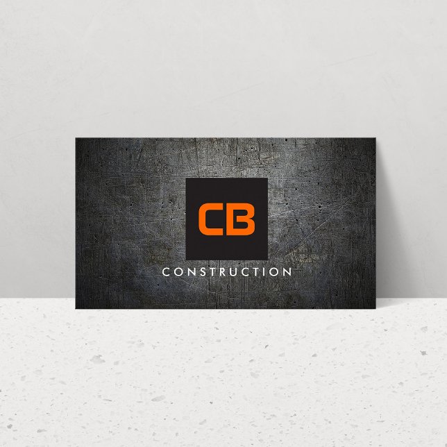 Black/Orange Monogram Grunge Metal Construction Business Card (Creator Uploaded)