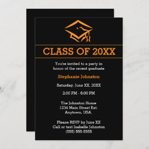Black Orange Mortarboard Simple Graduation Party Invitation