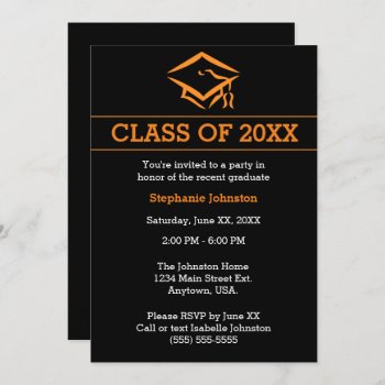Black Orange Mortarboard Simple Graduation Party Invitation by csinvitations at Zazzle
