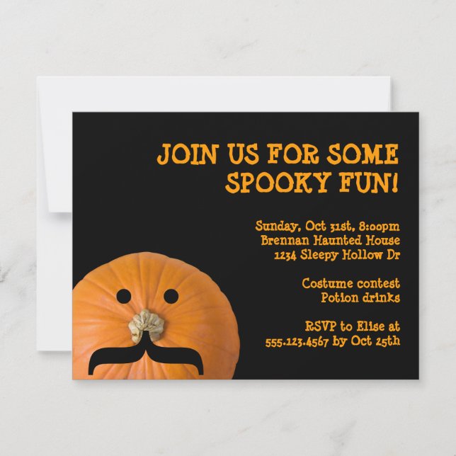 Black orange mustache pumpkin host Halloween party Invitation (Front)