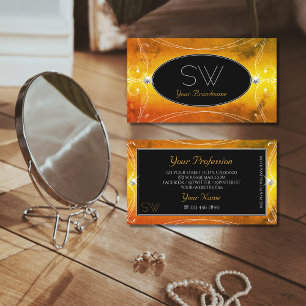 Black Orange Ornate Sparkling Diamonds Monogram Business Card