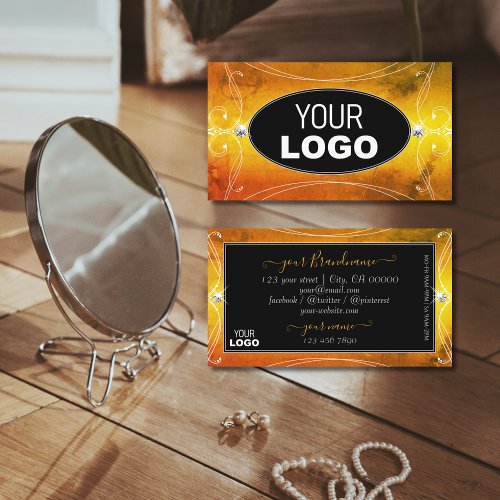 Black Orange Ornate Sparkling Diamonds with Logo Business Card