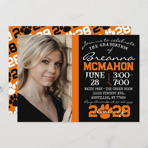 Black  Orange Paw Graduation Photo Invitation