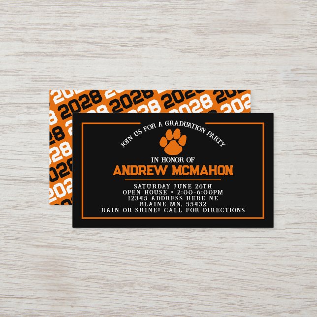 Black & Orange Pawprint Mini Graduation Invites (Black and Orange Paw Mini Graduation Invites for Friends, Team Mates or as Inserts!)