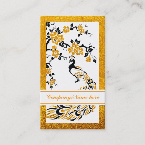 Black orange peacock and cherry blossoms business card