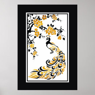 Black, orange peacock and cherry blossoms poster