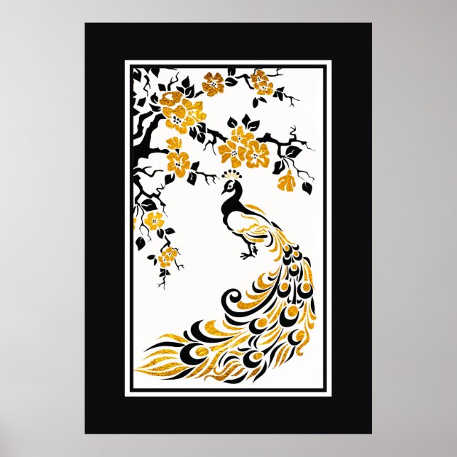 Black, orange peacock and cherry blossoms poster (Front)