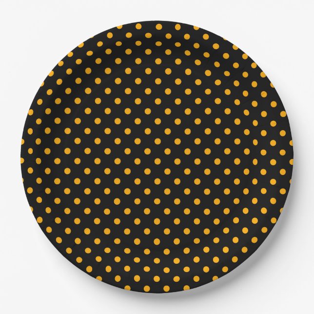 Black Orange Polka Dot Pattern Halloween Party Paper Plates (Front)