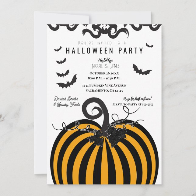 Black & Orange Pumpkin & Bats Halloween Party Invitation (Front)