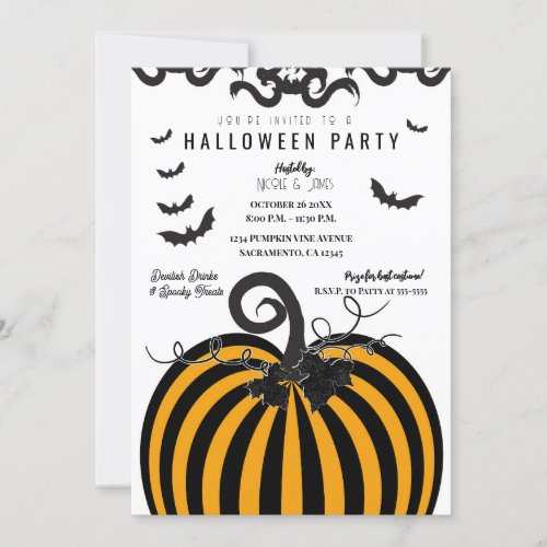Black  Orange Pumpkin  Bats Halloween Party Invitation