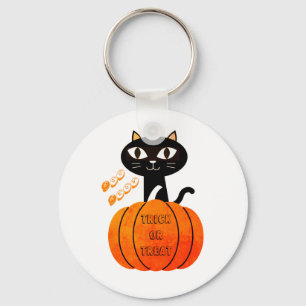 Black Orange Pumpkin Cat Cute Spooky Halloween Keychain