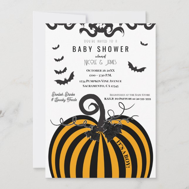 Black & Orange Pumpkin Halloween Baby Shower Invitation (Front)