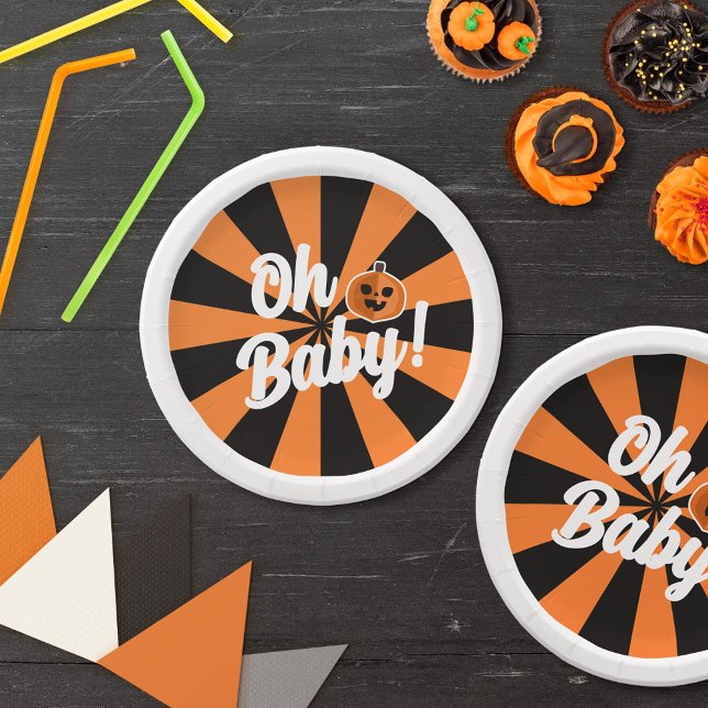 Black Orange Pumpkin Oh Baby Halloween Baby Shower Paper Plates (Creator Uploaded)