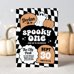 Black Orange Retro Checker Spooky One 1st Birthday Invitation