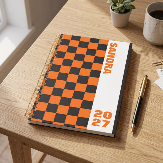 Black Orange Retro Checkerboard Custom Name Year Planner