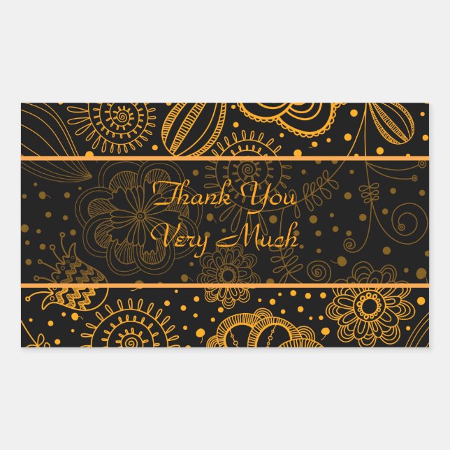 Black & Orange Retro Floral Pattern-Custom Text Rectangular Sticker (Front)