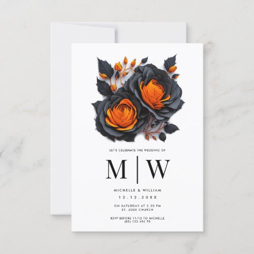 Black Orange Roses Gothic Wedding  Invitation