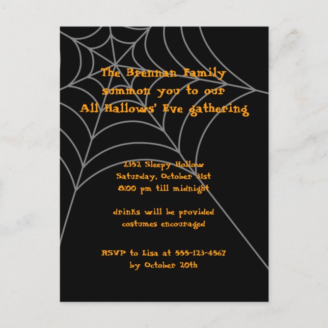 Black orange spider web Halloween invitation card (Front)