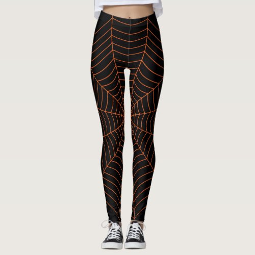 Black orange spider web Halloween pattern Leggings