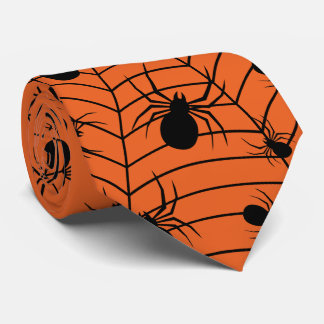 Black Orange spiders spiderweb Halloween pattern Neck Tie