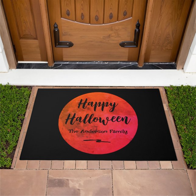 Black Orange Spooky Full Moon Happy Halloween Doormat (Outdoor)