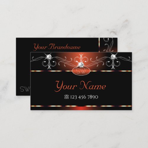 Black Orange Squiggles Sparkle Diamonds Initials Business Card