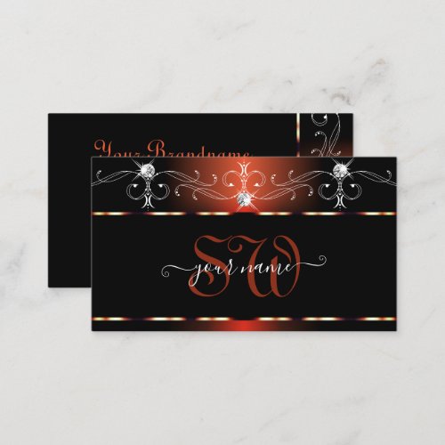 Black Orange Squiggles Sparkle Diamonds Monogram Business Card