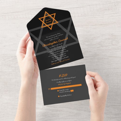 Black Orange Star of David Bar Mitzvah RSVP All In One Invitation