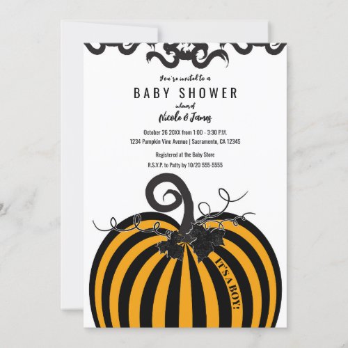 Black  Orange Striped Pumpkin Fall Baby Shower Invitation