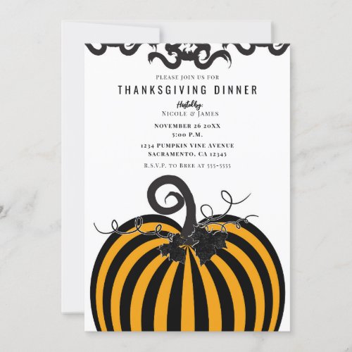 Black  Orange Striped Pumpkin Thanksgiving Dinner Invitation
