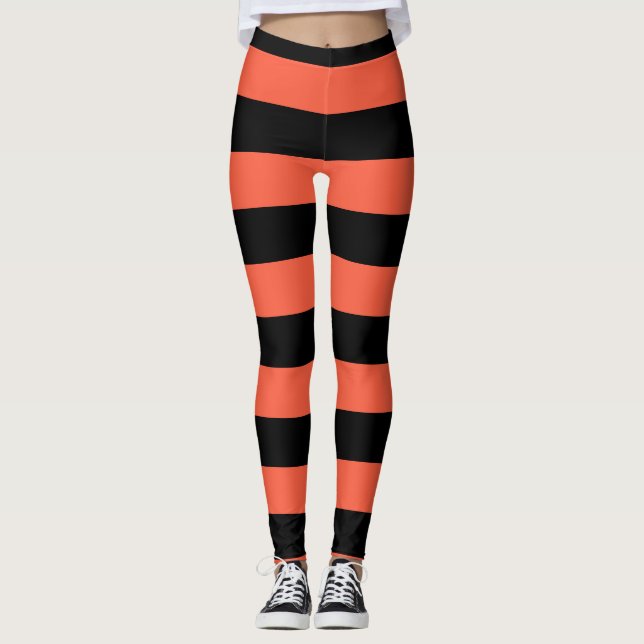 Black & Orange Stripes Festive Fun Halloween Leggings (Front)