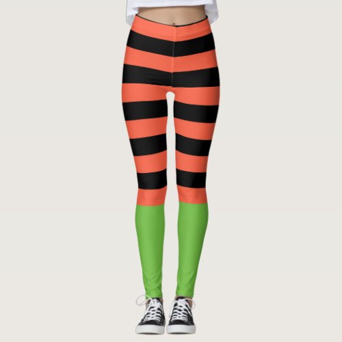 Black  Orange Stripes Green Bottom Fun Halloween Leggings