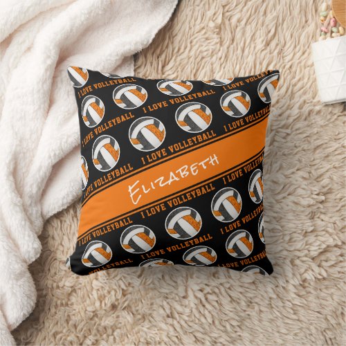 black orange i love volleyball text pattern pillow