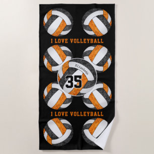 black orange team colors I love volleyball girly Beach Towel