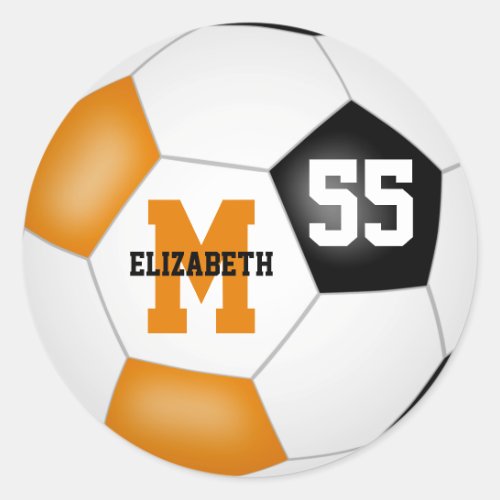 black orange team colors soccer ball personalized classic round sticker