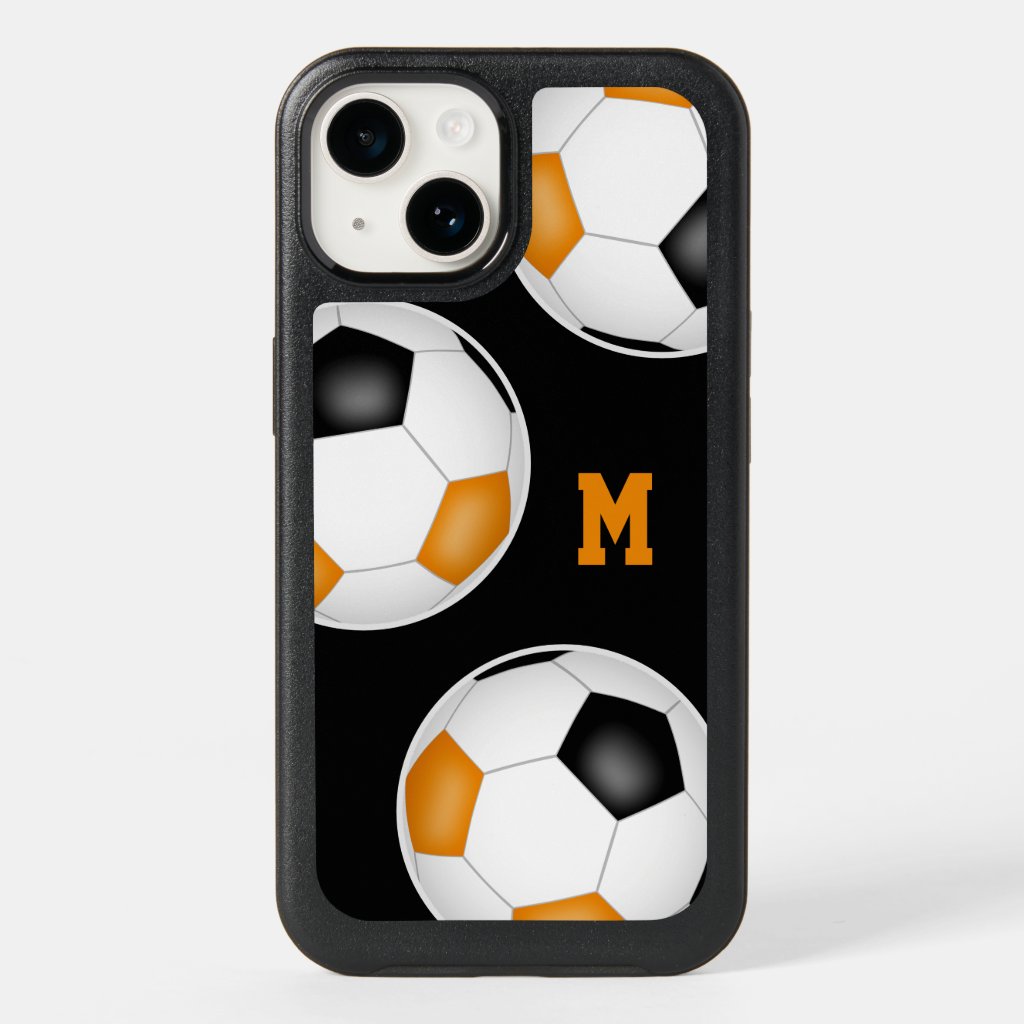 black orange team colors soccer balls monogrammed OtterBox iPhone case