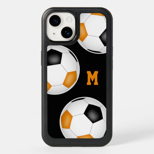 black orange team colors soccer balls monogrammed OtterBox iPhone 14 case