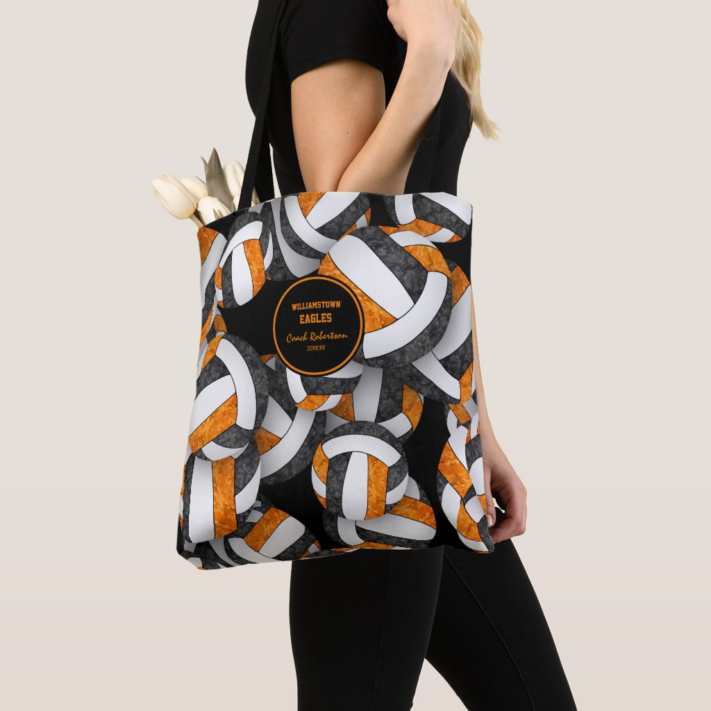 black orange team colors volleyball coach name tote bag