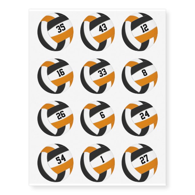 black orange team colors volleyballs jersey number temporary tattoos (Front)