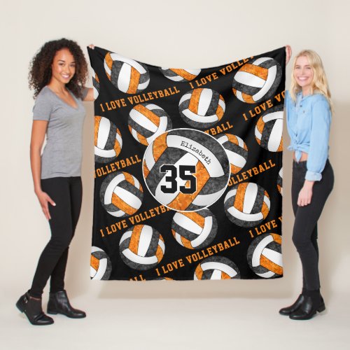 black orange team spirit girls I love volleyball Fleece Blanket