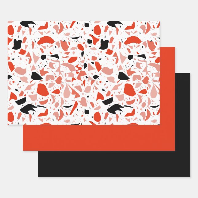 Black Orange Terrazzo Pattern Fall Halloween Wrapping Paper Sheets (Set)