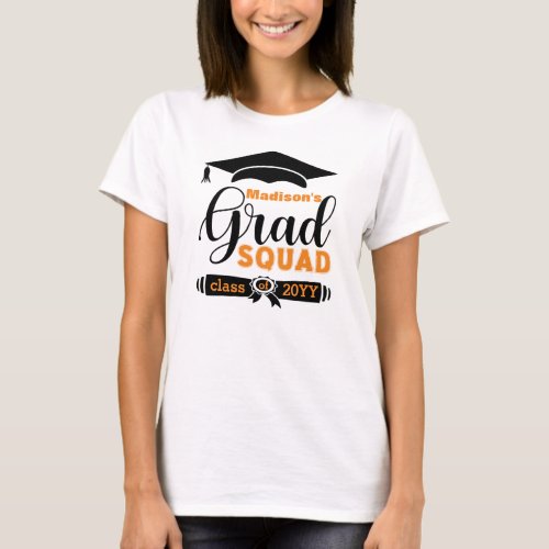 Black  Orange Text Custom Women White Grad Squad T_Shirt