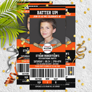 Black|Orange Ticket Style Baseball Birthday Party Invitation