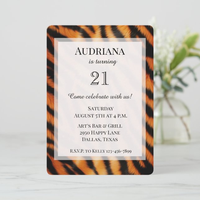 Black Orange Tiger Animal Print Birthday Invitation (Standing Front)