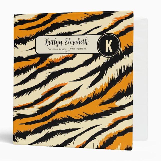 Black Orange Tiger Stripes Pattern Monogram 3 Ring Binder (Front/Inside)