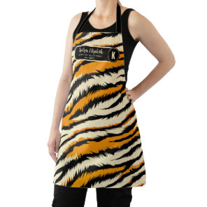 Black Orange Tiger Stripes Pattern Monogram Apron