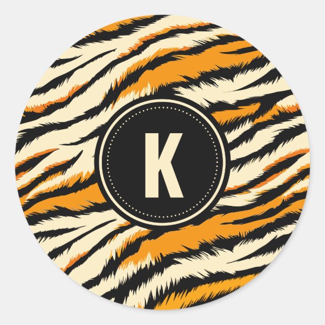 Black Orange Tiger Stripes Pattern Monogram Classic Round Sticker (Front)