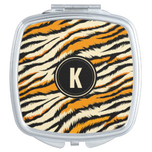 Black Orange Tiger Stripes Pattern Monogram Compact Mirror